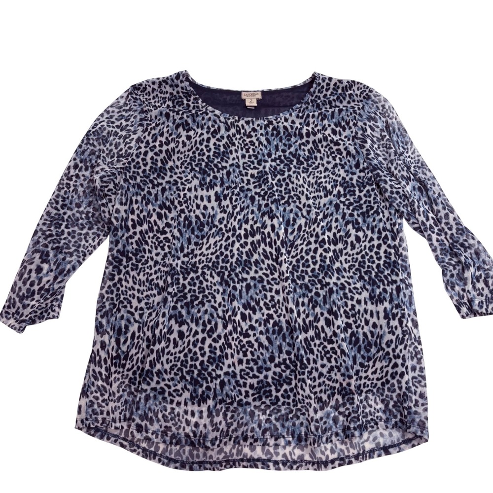 Easywear by Chicos Blue Leopard Print‎ Mesh 3/4 Sleeve Lined Blouse Top Size 2 L